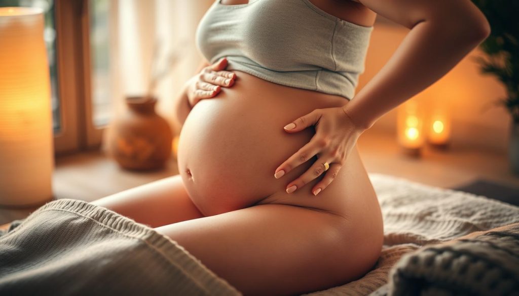 A serene, warm-lit scene of a pregnant woman receiving a gentle, therapeutic massage. The masseuse's skilled hands delicately knead the expectant mother's lower back, promoting relaxation and circulation. Soft, ambient lighting casts a cozy glow, while muted earth tones and natural textures create a soothing, spa-like ambiance. Plush bedding and calming foliage in the background enhance the tranquil atmosphere, conveying the restorative benefits of prenatal massage.