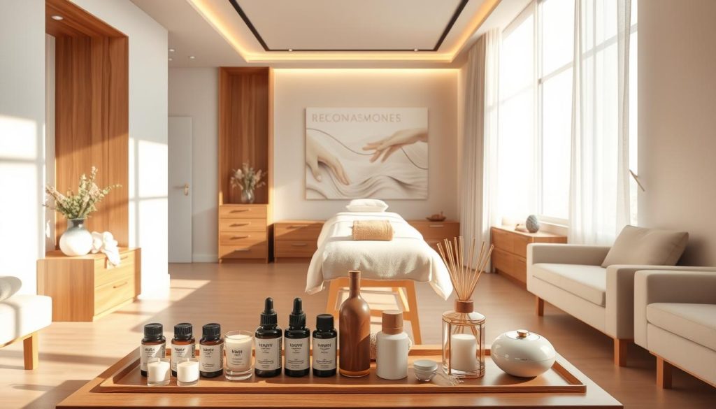 A serene, well-appointed interior of a modern, upscale massage salon in Şişli, Istanbul. Sunlight filters through large windows, casting a warm glow on the clean, minimalist decor. Sleek, polished wood accents and plush, neutral-toned furnishings create a tranquil, spa-like ambiance. In the foreground, an array of massage oils, candles, and aromatherapy diffusers sit neatly arranged on a low table. In the middle ground, a single, neatly made massage table awaits its next client. The background features a soothing, abstract wall mural in calming hues. The overall scene exudes an air of professionalism, relaxation, and attention to detail, reflecting the high-quality services offered at this popular Şişli massage destination.
