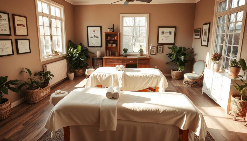 A serene, well-appointed massage therapy studio, flooded with warm, diffused lighting from large windows. Plush massage tables draped in soft, luxurious linens sit in the center, surrounded by an array of therapeutic tools and implements. The walls display framed certificates and diplomas, conveying the therapist's expertise and dedication. Potted plants, soothing artwork, and the gentle fragrance of essential oils create a tranquil, restorative atmosphere. The camera captures the scene from a slightly elevated angle, highlighting the harmonious interplay of form, texture, and color that embodies the holistic, nurturing essence of the massage therapy profession.