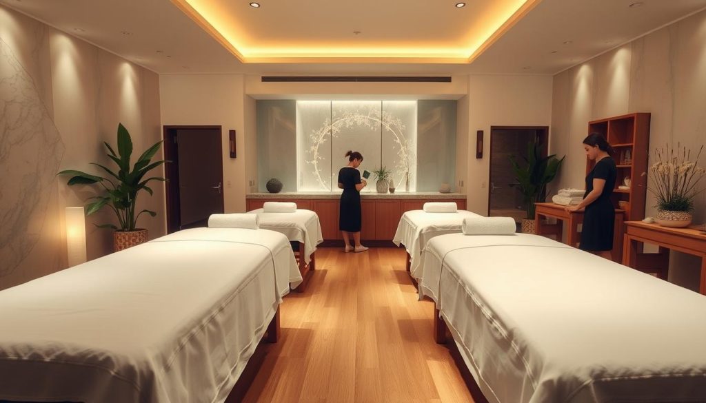 A serene, well-appointed spa interior with luxurious massage tables, soft lighting, and natural elements like plants and wood accents. Spa staff attentively assist guests, guiding them through the reservation process and ensuring a relaxing, personalized user experience. The atmosphere is one of tranquility and rejuvenation, with a touch of modern sophistication. The overall scene conveys the sense of an inviting, high-quality establishment that caters to the needs of discerning Istanbul spa-goers.