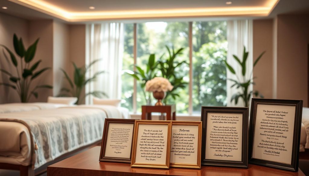 A serene, well-appointed spa setting with plush massage tables, calming natural lighting, and lush greenery in the background. The foreground features a collection of framed testimonials and referrals from satisfied clients, showcasing their positive experiences with the professional services. The overall atmosphere exudes a sense of tranquility, care, and attention to detail, reflecting the high-quality experience offered by the Fizyoterapist Masaj İstanbul practice. A serene, well-appointed spa setting with plush massage tables, calming natural lighting, and lush greenery in the background. The foreground features a collection of framed testimonials and referrals from satisfied clients, showcasing their positive experiences with the professional services. The overall atmosphere exudes a sense of tranquility, care, and attention to detail, reflecting the high-quality experience offered by the Fizyoterapist Masaj İstanbul practice.