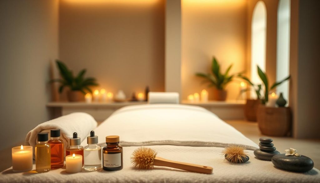 A serene, well-appointed spa setting with plush towels, aromatic candles, and soothing natural elements like stones and greenery. The lighting is warm and diffused, creating a calming ambiance. The foreground features a neatly arranged array of spa essentials, including massage oils, brushes, and other holistic treatment tools. The middle ground showcases a minimalist, clean-lined treatment table, inviting the viewer to envision a relaxing, hygienic massage experience. The background features soft, blurred architectural details that suggest a high-end, professional spa environment. The overall composition conveys a sense of tranquility, luxury, and attention to personal care. A serene, well-appointed spa setting with plush towels, aromatic candles, and soothing natural elements like stones and greenery. The lighting is warm and diffused, creating a calming ambiance. The foreground features a neatly arranged array of spa essentials, including massage oils, brushes, and other holistic treatment tools. The middle ground showcases a minimalist, clean-lined treatment table, inviting the viewer to envision a relaxing, hygienic massage experience. The background features soft, blurred architectural details that suggest a high-end, professional spa environment. The overall composition conveys a sense of tranquility, luxury, and attention to personal care.