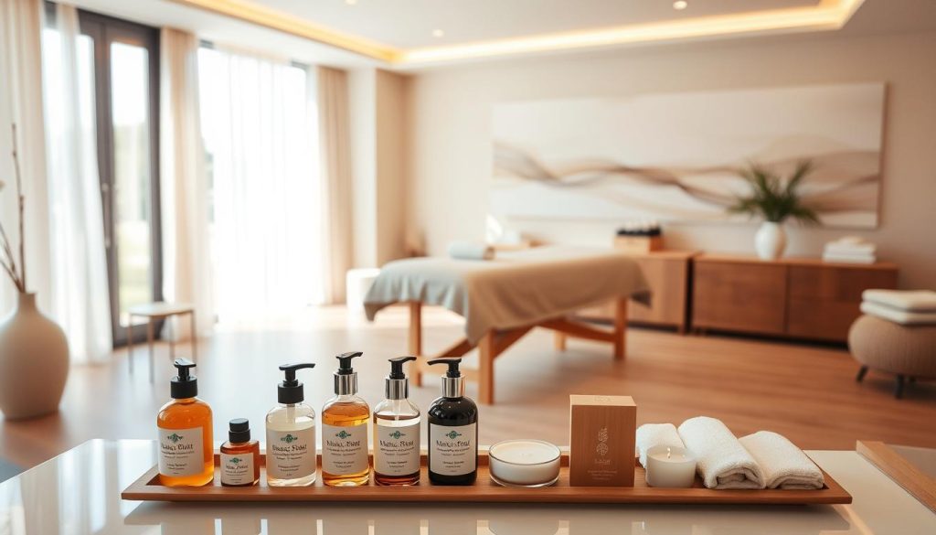 A serene, well-lit interior of a massage therapy studio. The space is filled with natural light, calming earth tones, and elegant minimalist furnishings. In the foreground, a display of neatly arranged massage oils, lotions, and tools, exuding a sense of professionalism and attention to detail. In the middle ground, a massage table draped with soft, plush linens, inviting the viewer to experience the tranquility and restorative power of the space. The background features a subtle, abstract mural or artwork that enhances the soothing ambiance. The overall atmosphere conveys a sense of expertise, care, and the ability to promote physical and mental well-being through the skilled hands of certified massage therapists. A serene, well-lit interior of a massage therapy studio. The space is filled with natural light, calming earth tones, and elegant minimalist furnishings. In the foreground, a display of neatly arranged massage oils, lotions, and tools, exuding a sense of professionalism and attention to detail. In the middle ground, a massage table draped with soft, plush linens, inviting the viewer to experience the tranquility and restorative power of the space. The background features a subtle, abstract mural or artwork that enhances the soothing ambiance. The overall atmosphere conveys a sense of expertise, care, and the ability to promote physical and mental well-being through the skilled hands of certified massage therapists.