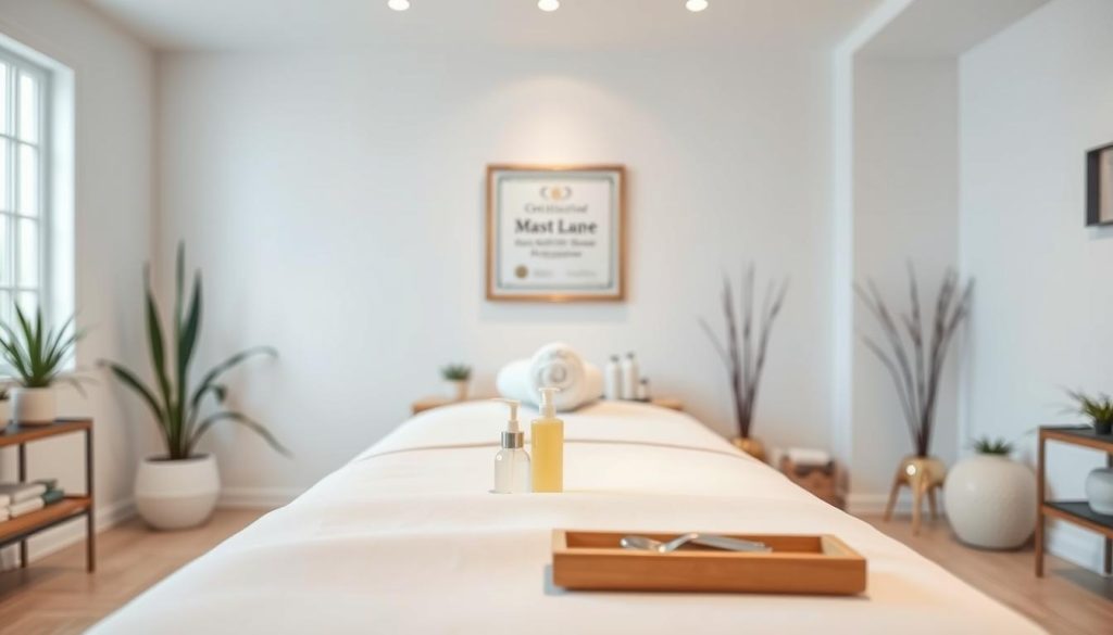 A serene, well-lit interior of a professional massage therapy salon. The foreground features an inviting massage table with crisp white linens, neatly arranged massage oils and lotions, and a set of clean, sanitized tools. The middle ground showcases a wall-mounted certificate of excellence, highlighting the therapists' credentials and education. The background depicts a calming, minimalist decor with soft lighting, soothing neutral tones, and subtle plant life, conveying a sense of tranquility, hygiene, and professionalism.