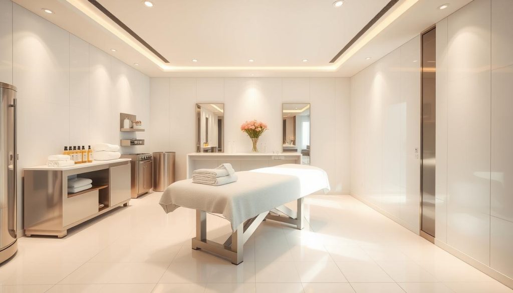 A serene, well-lit treatment room in a modern, luxurious spa. Pristine, white-tiled floors and walls, with sleek, stainless-steel fixtures and equipment. A plush massage table takes center stage, surrounded by neatly arranged towels, oils, and sanitizing supplies. Soft, diffused lighting emanates from recessed ceiling fixtures, creating a calming, hygienic ambiance. The room is meticulously clean, with a subtle floral aroma wafting through the air, conveying the highest standards of hygiene and professionalism. The overall scene exudes a sense of tranquility, comfort, and unwavering attention to detail. A serene, well-lit treatment room in a modern, luxurious spa. Pristine, white-tiled floors and walls, with sleek, stainless-steel fixtures and equipment. A plush massage table takes center stage, surrounded by neatly arranged towels, oils, and sanitizing supplies. Soft, diffused lighting emanates from recessed ceiling fixtures, creating a calming, hygienic ambiance. The room is meticulously clean, with a subtle floral aroma wafting through the air, conveying the highest standards of hygiene and professionalism. The overall scene exudes a sense of tranquility, comfort, and unwavering attention to detail.