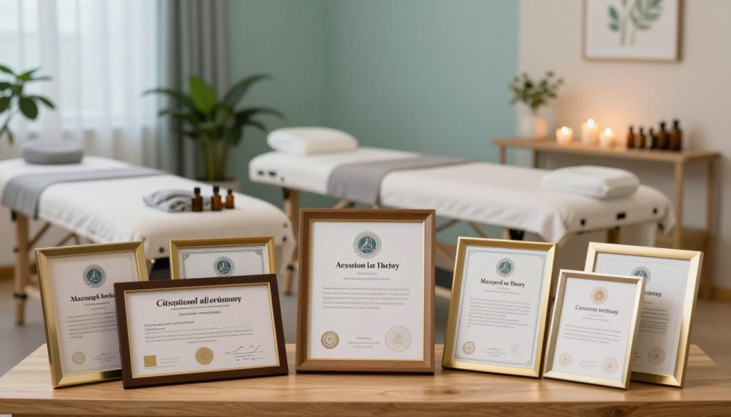A serene wellness studio filled with calming elements that reflect the role of certification in massage therapy. In the foreground, a beautifully arranged display of various massage therapy certificates framed elegantly on a wooden table. In the middle background, soft lighting illuminates a tranquil massage room with neatly made treatment beds, essential oils, and calming decor, such as plants and candles. The ambiance is tranquil, promoting relaxation and professionalism, with a color palette of soft blues and greens. The lighting is warm and inviting, creating an atmosphere of trust and credibility. No humans are present, focusing solely on the certificates and the therapeutic environment.