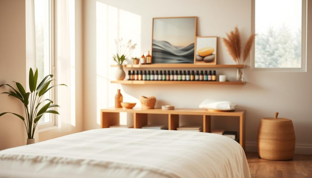 A serene wellness studio interior showcasing an organized therapy space designed for massage sessions. In the foreground, a tranquil massage table adorned with soft, calming linens. Light filters through large windows, casting a warm, inviting glow across the room. In the middle, a collection of essential oils and natural remedies, artfully arranged on a sleek wooden shelf, adding to the holistic atmosphere. In the background, soft pastel-colored walls with soothing art depicting relaxation-themed visuals, creating a harmonious environment. The composition emphasizes balance and tranquility, inviting viewers into a world of wellness and rejuvenation. The lighting is soft and diffuse, creating a peaceful ambiance, and capturing the essence of flexibility and long-term wellness planning in the practice.