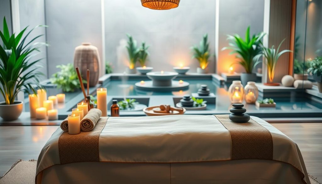 A serene yet vibrant spa setting showcasing a variety of popular massage techniques. In the foreground, a tranquil scene depicts a massage table adorned with plush linens, candles, and essential oils, setting a calming mood. The middle ground features holistic massage tools such as bamboo sticks, hot stones, and aromatherapy diffusers, highlighting the diverse modalities. The background reveals a harmonious blend of natural elements - lush greenery, soothing water features, and warm, indirect lighting, evoking a sense of relaxation and rejuvenation. The overall composition emphasizes the elegance, professionalism, and therapeutic nature of the featured massage styles. A serene yet vibrant spa setting showcasing a variety of popular massage techniques. In the foreground, a tranquil scene depicts a massage table adorned with plush linens, candles, and essential oils, setting a calming mood. The middle ground features holistic massage tools such as bamboo sticks, hot stones, and aromatherapy diffusers, highlighting the diverse modalities. The background reveals a harmonious blend of natural elements - lush greenery, soothing water features, and warm, indirect lighting, evoking a sense of relaxation and rejuvenation. The overall composition emphasizes the elegance, professionalism, and therapeutic nature of the featured massage styles.