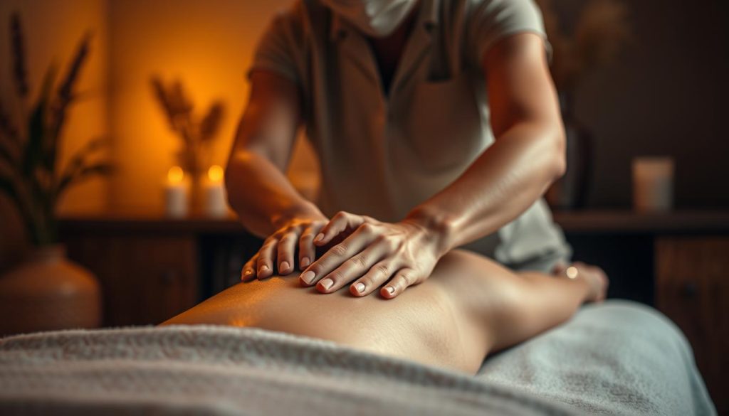 A skilled massage therapist, hands expertly kneading muscles, in a serene, dimly lit room. Warm, ambient lighting casts a soft, tranquil glow. The therapist's face is not shown, emphasizing their professionalism and dedication to the client's wellbeing. The room is tastefully decorated with natural elements, creating a soothing, spa-like atmosphere. The focus is on the therapist's skilled, attentive touch, conveying the power of personalized, high-quality treatment.