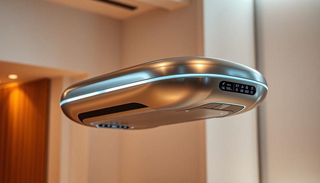 A sleek, futuristic wireless massage device hovers effortlessly, its smooth contours and subtle LED accents radiating a sense of advanced technology. The device's main body is composed of a polished, metallic alloy that reflects the warm, ambient lighting of the scene, creating a harmonious interplay of light and shadow. Intricate, minimalist control panels adorn the sides, their touchpads and digital displays promising a seamless and customizable user experience. The device is suspended in a clean, modern setting, perhaps a high-end spa or a well-appointed home interior, emphasizing its integration with contemporary lifestyle and wellness trends. A sleek, futuristic wireless massage device hovers effortlessly, its smooth contours and subtle LED accents radiating a sense of advanced technology. The device's main body is composed of a polished, metallic alloy that reflects the warm, ambient lighting of the scene, creating a harmonious interplay of light and shadow. Intricate, minimalist control panels adorn the sides, their touchpads and digital displays promising a seamless and customizable user experience. The device is suspended in a clean, modern setting, perhaps a high-end spa or a well-appointed home interior, emphasizing its integration with contemporary lifestyle and wellness trends.