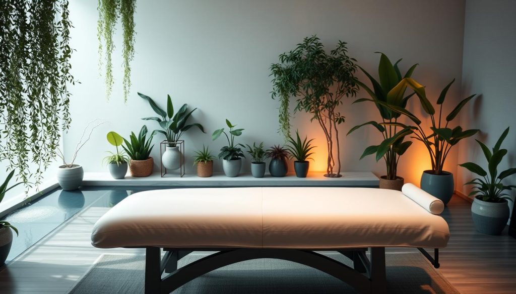 A sleek, minimalist massage table stands in a softly lit, tranquil space. Cascading potted plants and a serene water feature create an immersive, nature-inspired ambiance. Diffused lighting gently illuminates the scene, casting warm, soothing shadows. Sophisticated tech-enabled massage tools, including vibration pads and heat therapy components, are seamlessly integrated into the setup, blending harmoniously with the serene, holistic atmosphere. The overall impression is one of a harmonious fusion of modern wellness technology and calming, organic design elements - a hybridized, high-tech oasis of relaxation. A sleek, minimalist massage table stands in a softly lit, tranquil space. Cascading potted plants and a serene water feature create an immersive, nature-inspired ambiance. Diffused lighting gently illuminates the scene, casting warm, soothing shadows. Sophisticated tech-enabled massage tools, including vibration pads and heat therapy components, are seamlessly integrated into the setup, blending harmoniously with the serene, holistic atmosphere. The overall impression is one of a harmonious fusion of modern wellness technology and calming, organic design elements - a hybridized, high-tech oasis of relaxation.