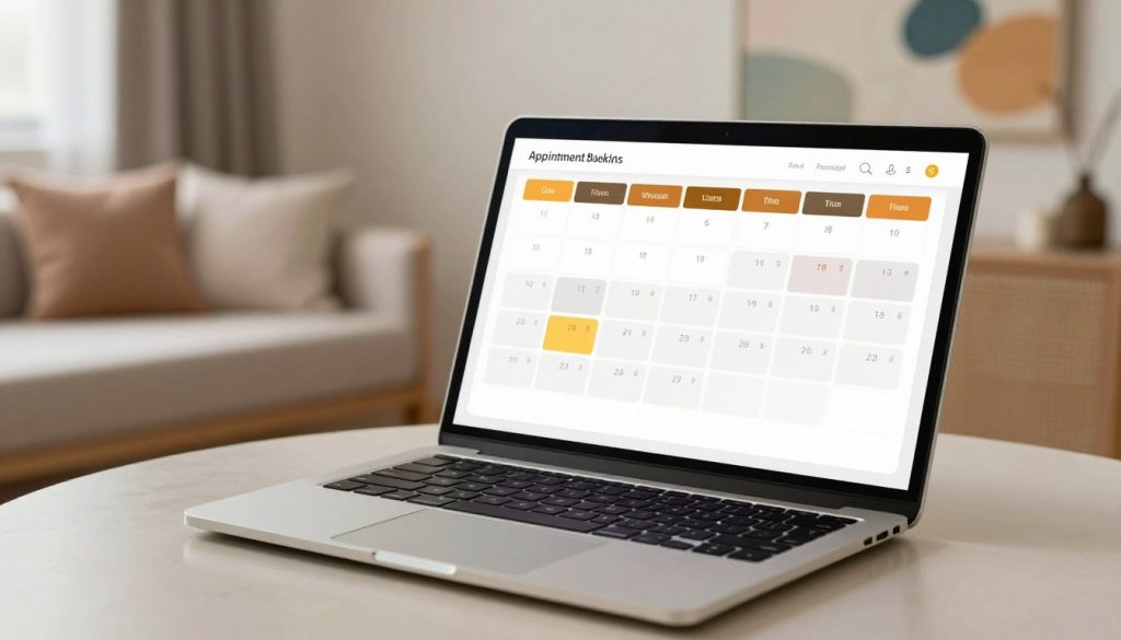 A sleek, modern digital interface representing an online appointment booking system for a massage service. In the foreground, a sophisticated laptop is open, displaying a vibrant and user-friendly scheduling calendar with highlighted available slots. The middle ground features soft, inviting décor typical of a massage therapy room, like a calming color palette and plush cushions. In the background, soothing abstract art or nature-inspired imagery enhances the serene atmosphere. The scene is bathed in soft, natural lighting to evoke a sense of tranquility. The angle should provide a slightly elevated perspective that showcases the laptop alongside the comforting room environment, creating a seamless blend of technology and relaxation. The overall mood should feel professional yet inviting, perfect for potential clients exploring the appointment process. A sleek, modern digital interface representing an online appointment booking system for a massage service. In the foreground, a sophisticated laptop is open, displaying a vibrant and user-friendly scheduling calendar with highlighted available slots. The middle ground features soft, inviting décor typical of a massage therapy room, like a calming color palette and plush cushions. In the background, soothing abstract art or nature-inspired imagery enhances the serene atmosphere. The scene is bathed in soft, natural lighting to evoke a sense of tranquility. The angle should provide a slightly elevated perspective that showcases the laptop alongside the comforting room environment, creating a seamless blend of technology and relaxation. The overall mood should feel professional yet inviting, perfect for potential clients exploring the appointment process.