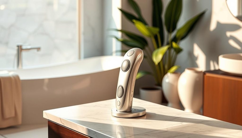 A sleek, modern electric skin care device stands prominently on a marble countertop, its streamlined silver body gleaming under warm, natural lighting. Intricate controls and interfaces are visible, hinting at its advanced technological capabilities. In the background, a serene, minimalist bathroom setting provides a calming, spa-like atmosphere, with lush greenery and muted colors complementing the device's sophisticated design. The overall composition conveys a sense of luxurious, high-end skincare, perfectly suited for an article highlighting the variety of cellulite massage tools available in Istanbul. A sleek, modern electric skin care device stands prominently on a marble countertop, its streamlined silver body gleaming under warm, natural lighting. Intricate controls and interfaces are visible, hinting at its advanced technological capabilities. In the background, a serene, minimalist bathroom setting provides a calming, spa-like atmosphere, with lush greenery and muted colors complementing the device's sophisticated design. The overall composition conveys a sense of luxurious, high-end skincare, perfectly suited for an article highlighting the variety of cellulite massage tools available in Istanbul.