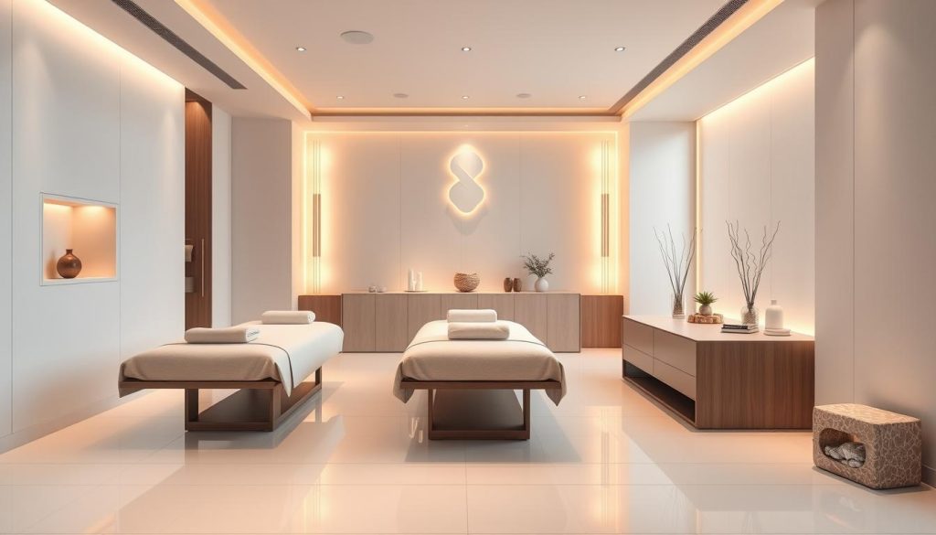 A sleek, modern interior of a high-end massage salon, bathed in warm, soft lighting. Pristine, white-tiled floors and walls create a sense of cleanliness and tranquility. Elegant, minimalist furniture in muted tones accentuate the serene ambiance. Plush, inviting massage tables take center stage, surrounded by discreet storage compartments and soothing aromatherapy diffusers. Soft, natural textures and materials, such as wood and stone, add depth and tactility to the space. The overall atmosphere evokes a feeling of pampering, relaxation, and well-being, perfect for a rejuvenating massage experience.
