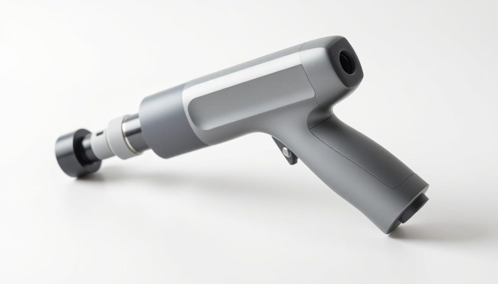 A sleek, modern massage gun with a metallic grey body and ergonomic design, resting on a clean, minimalist white background. The device is shown at a dynamic, 3/4 angle, capturing its strong, sturdy build and the intricate mechanisms that power its rhythmic, penetrating massage action. Soft, directional lighting highlights the gun's smooth, high-quality finish, conveying a sense of clinical precision and therapeutic efficacy. The overall mood is one of professional, high-performance massage equipment - reliable, effective, and deserving of its place in the wellness toolkit.