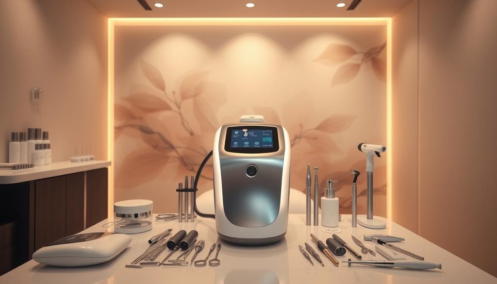 A sleek, modern medical spa setting with soft, warm lighting. Elegant, minimalist aesthetic with clean lines and neutral tones. At the center, a state-of-the-art laser hair removal device, its metallic surface gleaming. Surrounding it, various high-tech tools and instruments used for aesthetic procedures, arranged with precision. In the background, a soothing, abstract mural in muted hues, creating a serene, professional atmosphere. The overall composition conveys expertise, innovation, and a commitment to personalized, transformative beauty treatments. A sleek, modern medical spa setting with soft, warm lighting. Elegant, minimalist aesthetic with clean lines and neutral tones. At the center, a state-of-the-art laser hair removal device, its metallic surface gleaming. Surrounding it, various high-tech tools and instruments used for aesthetic procedures, arranged with precision. In the background, a soothing, abstract mural in muted hues, creating a serene, professional atmosphere. The overall composition conveys expertise, innovation, and a commitment to personalized, transformative beauty treatments.