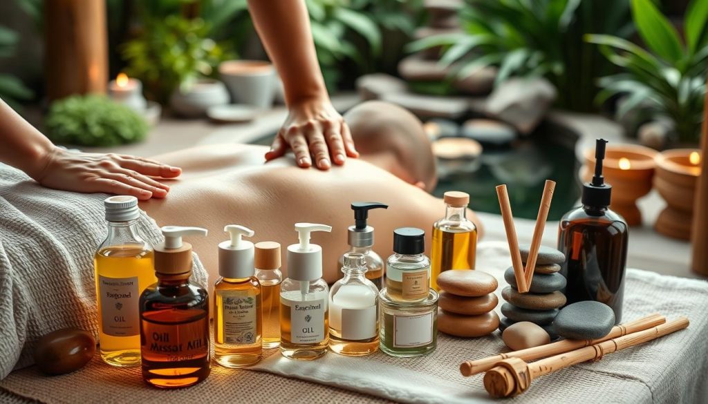 A soothing, relaxing scene of various massage techniques being performed on a serene, natural setting. In the foreground, skilled hands delicately knead and stroke the contours of a muscular back, using a variety of massage modalities such as Swedish, deep tissue, and trigger point therapy. The middle ground showcases an array of natural massage oils, lotions, and tools like smooth river stones and bamboo sticks, all arranged in a visually appealing manner. The background depicts a tranquil outdoor environment, with lush greenery, a calming water feature, and soft, diffused lighting that creates a warm, inviting atmosphere, perfectly suited for a rejuvenating and therapeutic massage experience. A soothing, relaxing scene of various massage techniques being performed on a serene, natural setting. In the foreground, skilled hands delicately knead and stroke the contours of a muscular back, using a variety of massage modalities such as Swedish, deep tissue, and trigger point therapy. The middle ground showcases an array of natural massage oils, lotions, and tools like smooth river stones and bamboo sticks, all arranged in a visually appealing manner. The background depicts a tranquil outdoor environment, with lush greenery, a calming water feature, and soft, diffused lighting that creates a warm, inviting atmosphere, perfectly suited for a rejuvenating and therapeutic massage experience.