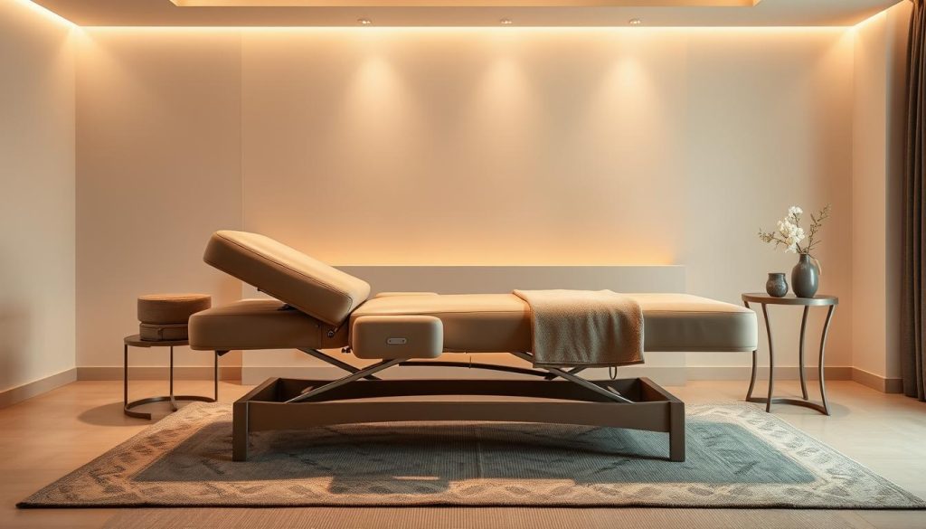 A spacious and well-appointed massage couch in a serene, softly-lit spa setting. The massage bed features a sturdy, adjustable frame with a plush, contoured cushion in a neutral, earthy tone. Soft lighting from overhead fixtures creates a calm, relaxing ambiance. The couch is flanked by elegant side tables with simple, minimalist decor. The background is blurred, suggesting a tranquil, private space designed for professional massage therapy. The overall composition conveys a sense of comfort, luxury, and therapeutic wellness.