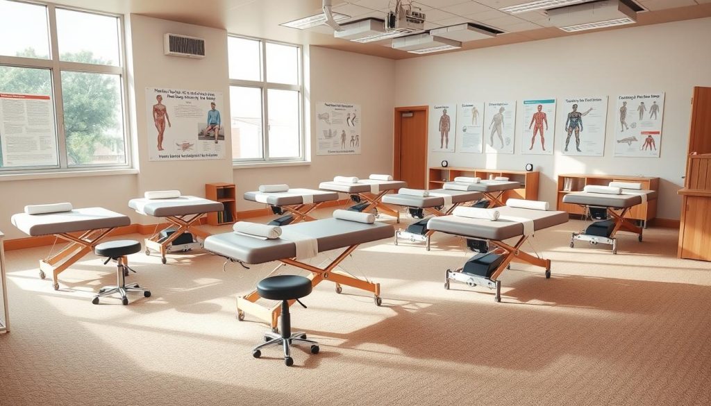 A spacious classroom filled with modern massage equipment, including massage tables and stools. The room is well-lit with natural light streaming through large windows, creating a warm and inviting atmosphere. The walls are adorned with educational posters and diagrams, showcasing the proper techniques and principles of massage therapy. The floor is covered in a soft, plush carpet, providing a comfortable environment for hands-on practice. The overall scene conveys a sense of professionalism and attention to detail, reflecting the high standards of the approved Massage Education program from the Ministry of National Education. A spacious classroom filled with modern massage equipment, including massage tables and stools. The room is well-lit with natural light streaming through large windows, creating a warm and inviting atmosphere. The walls are adorned with educational posters and diagrams, showcasing the proper techniques and principles of massage therapy. The floor is covered in a soft, plush carpet, providing a comfortable environment for hands-on practice. The overall scene conveys a sense of professionalism and attention to detail, reflecting the high standards of the approved Massage Education program from the Ministry of National Education.