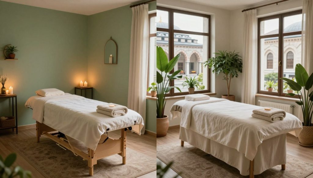 A split image showcasing two distinct massage treatment spaces in Istanbul. On the left, a serene 30-minute massage area featuring a comfortable massage table, soothing ambient light, and calming decor like candles and soft fabrics, evoking a sense of tranquility. The color palette includes soft greens and creams. On the right, an inviting 60-minute massage room with a larger table, plush towels, and gentle natural light streaming through a large window, filled with plants that enhance the calming atmosphere. The background suggests Istanbul's unique architecture, blending tradition and modernity, but no people present. The overall mood is peaceful and luxurious, inviting viewers into the relaxing experience of massage therapy. A split image showcasing two distinct massage treatment spaces in Istanbul. On the left, a serene 30-minute massage area featuring a comfortable massage table, soothing ambient light, and calming decor like candles and soft fabrics, evoking a sense of tranquility. The color palette includes soft greens and creams. On the right, an inviting 60-minute massage room with a larger table, plush towels, and gentle natural light streaming through a large window, filled with plants that enhance the calming atmosphere. The background suggests Istanbul's unique architecture, blending tradition and modernity, but no people present. The overall mood is peaceful and luxurious, inviting viewers into the relaxing experience of massage therapy.
