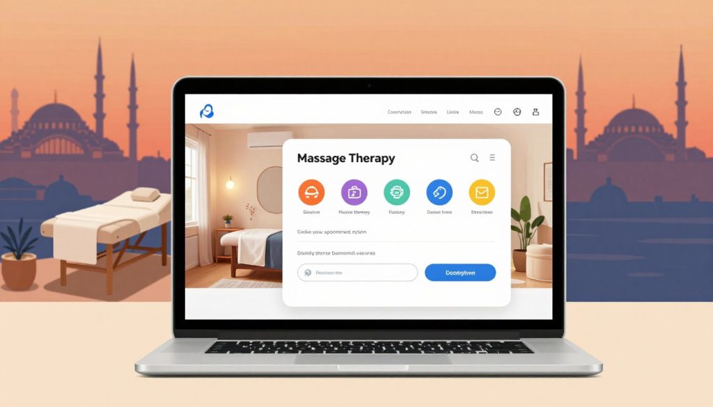 A stylized digital illustration showcasing a modern online appointment system for massage therapy in Istanbul. The foreground features a sleek laptop displaying a user-friendly booking interface with vibrant icons and smooth navigation. In the middle, a cozy therapy room is hinted at, featuring calming elements like soft lighting, soothing colors, and minimalist decor. The background presents an abstract representation of the city skyline of Istanbul, with iconic landmarks subtly integrated into the scene. The overall mood is serene and professional, emphasizing efficiency and relaxation. Use warm, inviting lighting to create a peaceful atmosphere. The composition should be well-balanced, focusing on the online aspect without any human presence or text overlays.