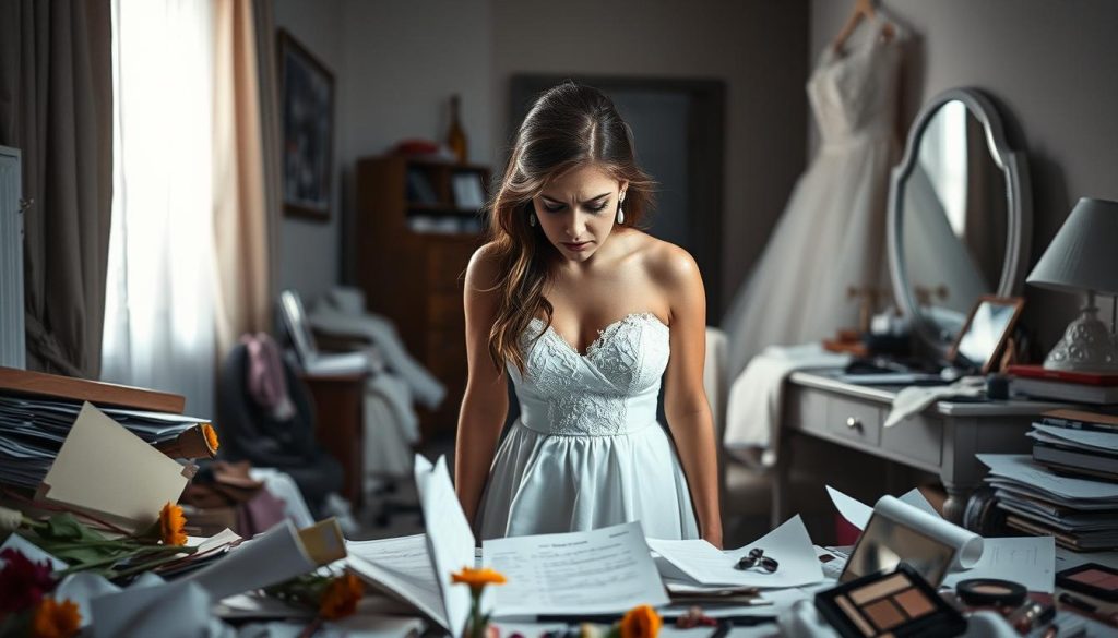 A tense, anxious bride-to-be stands in a dimly lit room, surrounded by a whirlwind of wedding planning chaos. Discarded papers, wilting flowers, and a half-filled to-do list clutter the foreground, reflecting the overwhelming pressure she feels. The middle ground features a disheveled vanity, with makeup and hair accessories scattered haphazardly, mirroring the bride's frazzled state of mind. In the background, a blurred, imposing wedding dress looms, a symbol of the impending nuptials and the stress that comes with it. The lighting is soft and moody, casting shadows that add to the sense of tension and anxiety. The overall atmosphere conveys the emotional turmoil and pre-wedding jitters experienced by the bride, encapsulating the essence of "düğün stresi." A tense, anxious bride-to-be stands in a dimly lit room, surrounded by a whirlwind of wedding planning chaos. Discarded papers, wilting flowers, and a half-filled to-do list clutter the foreground, reflecting the overwhelming pressure she feels. The middle ground features a disheveled vanity, with makeup and hair accessories scattered haphazardly, mirroring the bride's frazzled state of mind. In the background, a blurred, imposing wedding dress looms, a symbol of the impending nuptials and the stress that comes with it. The lighting is soft and moody, casting shadows that add to the sense of tension and anxiety. The overall atmosphere conveys the emotional turmoil and pre-wedding jitters experienced by the bride, encapsulating the essence of "düğün stresi."