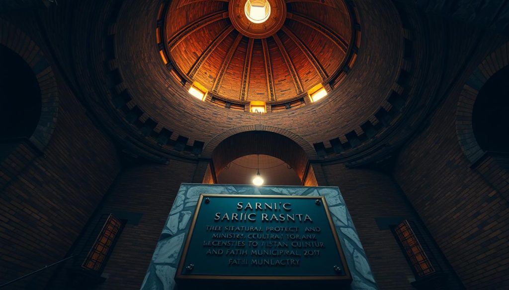 A towering sarnıç, or historic water cistern, standing solemnly in the heart of Istanbul's Fatih district. The massive brick and stone structure, its domed ceilings and intricate architectural details captured in a cinematic, low-angle perspective. Warm, golden light filters through the arched entryways, casting dramatic shadows and highlighting the weathered, time-worn surfaces. In the foreground, a meticulously detailed plaque or signage denotes the building's protected status and the decisions made by the Ministry of Culture and Tourism, and the Fatih Municipality, to preserve this iconic piece of the city's storied past. The atmosphere is one of reverence and historical significance, befitting the subject's role in the article's exploration of Istanbul's cultural renewal. A towering sarnıç, or historic water cistern, standing solemnly in the heart of Istanbul's Fatih district. The massive brick and stone structure, its domed ceilings and intricate architectural details captured in a cinematic, low-angle perspective. Warm, golden light filters through the arched entryways, casting dramatic shadows and highlighting the weathered, time-worn surfaces. In the foreground, a meticulously detailed plaque or signage denotes the building's protected status and the decisions made by the Ministry of Culture and Tourism, and the Fatih Municipality, to preserve this iconic piece of the city's storied past. The atmosphere is one of reverence and historical significance, befitting the subject's role in the article's exploration of Istanbul's cultural renewal.