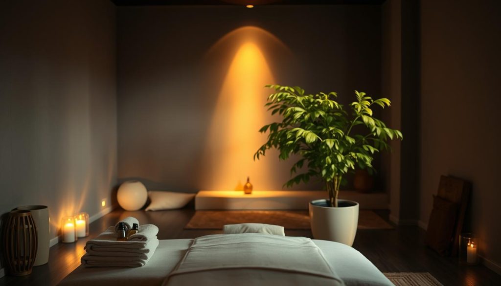 A tranquil Thai massage studio in Istanbul, dimly lit with warm, natural lighting casting a soft glow. The foreground features a low massage table draped in crisp white linens, with folded towels and massage oils neatly arranged. In the middle ground, a large potted plant adds a soothing, natural element, its lush, verdant leaves swaying gently. The background depicts a serene, minimalist space with muted gray walls, a few pieces of simple, zen-inspired furniture, and a subtle, calming ambiance evoked through the careful use of lighting and shadows. The overall scene conveys a sense of relaxation, renewal, and the therapeutic power of touch. A tranquil Thai massage studio in Istanbul, dimly lit with warm, natural lighting casting a soft glow. The foreground features a low massage table draped in crisp white linens, with folded towels and massage oils neatly arranged. In the middle ground, a large potted plant adds a soothing, natural element, its lush, verdant leaves swaying gently. The background depicts a serene, minimalist space with muted gray walls, a few pieces of simple, zen-inspired furniture, and a subtle, calming ambiance evoked through the careful use of lighting and shadows. The overall scene conveys a sense of relaxation, renewal, and the therapeutic power of touch.