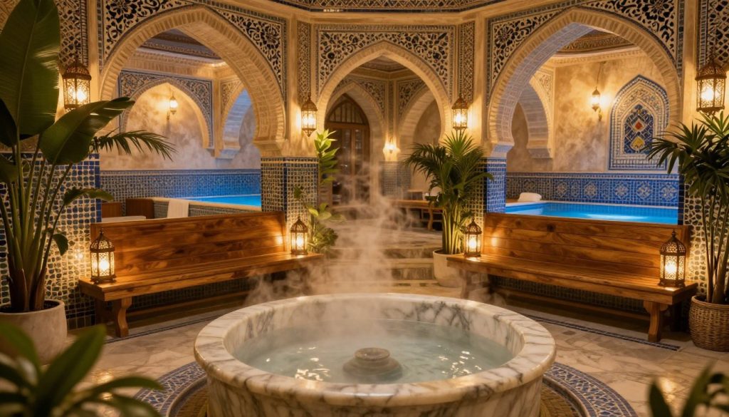 A tranquil Turkish spa interior, showcasing an opulent hamam with intricate mosaic tiles and soft, diffused lighting that creates an inviting atmosphere. The foreground features a beautifully arranged marble basin with steam rising gently above it, while lush green plants add a touch of nature. In the middle, traditional wooden benches and ornate lanterns set the mood, creating a sense of relaxation and serenity. The background reveals elegant archways leading to well-lit wet areas with calming blue tiles, enhancing the spa's luxurious ambiance. The entire scene is bathed in warm golden hues, evoking a soothing experience, without any human presence or text elements.