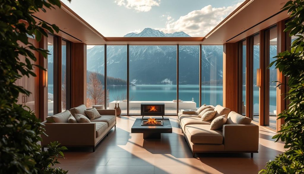 A tranquil alpine spa experience in the heart of Istanbul. A majestic, snow-capped mountain landscape with a pristine, turquoise lake reflecting the sky. Warm, natural lighting filters through the large windows, casting a serene glow across the elegant, minimalist interior. Plush, cozy seating surrounds a central fireplace, inviting visitors to relax and unwind. Sleek, wooden accents and clean, modern lines create a calming, sophisticated ambiance. Lush, verdant foliage frames the scene, adding a touch of natural harmony. The overall atmosphere is one of relaxation, rejuvenation, and a peaceful escape from the bustling city. A tranquil alpine spa experience in the heart of Istanbul. A majestic, snow-capped mountain landscape with a pristine, turquoise lake reflecting the sky. Warm, natural lighting filters through the large windows, casting a serene glow across the elegant, minimalist interior. Plush, cozy seating surrounds a central fireplace, inviting visitors to relax and unwind. Sleek, wooden accents and clean, modern lines create a calming, sophisticated ambiance. Lush, verdant foliage frames the scene, adding a touch of natural harmony. The overall atmosphere is one of relaxation, rejuvenation, and a peaceful escape from the bustling city.