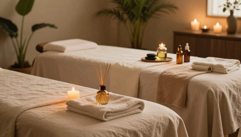 A tranquil and inviting double massage setting, featuring two elegantly arranged massage tables adorned with soft, luxurious linens. The foreground showcases calming aromatherapy elements, such as essential oil diffusers and gently flickering candles casting warm, golden light. In the middle ground, visible bottles of herbal oils and soothing stones are artistically placed, emphasizing wellness and relaxation. The background is a serene spa environment with lush green plants and a softly lit ambiance, creating a feeling of harmony and escape. The overall mood is peaceful and rejuvenating, inviting couples to indulge in a contemporary massage experience. Capture the essence of modern spa trends in a serene atmosphere, focusing on elegance and tranquility, without any human figures present.