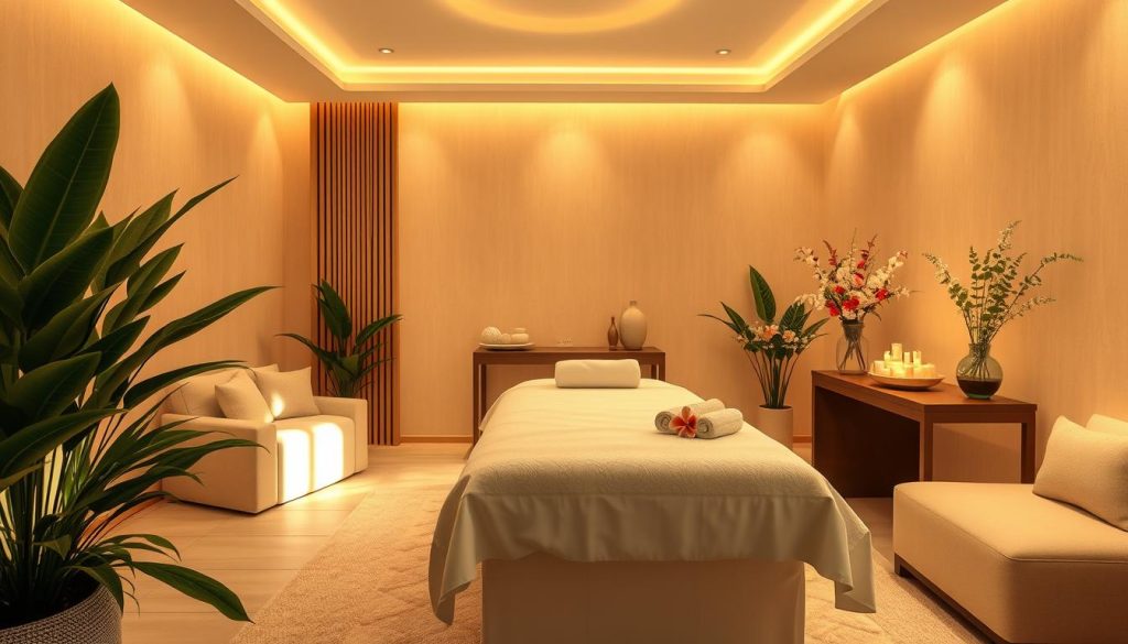 A tranquil and luxurious massage therapy room, bathed in warm, soft lighting that creates a serene and inviting atmosphere. The space features plush, neutral-toned furnishings, including a comfortable massage table draped with crisp, white linens. Lush, verdant plants and flowers add a touch of natural beauty, complementing the soothing ambiance. The room's layout is designed to promote a sense of privacy and personalization, with ample space for the therapist to move around and customize the experience. The overall composition conveys a high-end, professional setting dedicated to providing a tailored, rejuvenating massage therapy session. A tranquil and luxurious massage therapy room, bathed in warm, soft lighting that creates a serene and inviting atmosphere. The space features plush, neutral-toned furnishings, including a comfortable massage table draped with crisp, white linens. Lush, verdant plants and flowers add a touch of natural beauty, complementing the soothing ambiance. The room's layout is designed to promote a sense of privacy and personalization, with ample space for the therapist to move around and customize the experience. The overall composition conveys a high-end, professional setting dedicated to providing a tailored, rejuvenating massage therapy session.