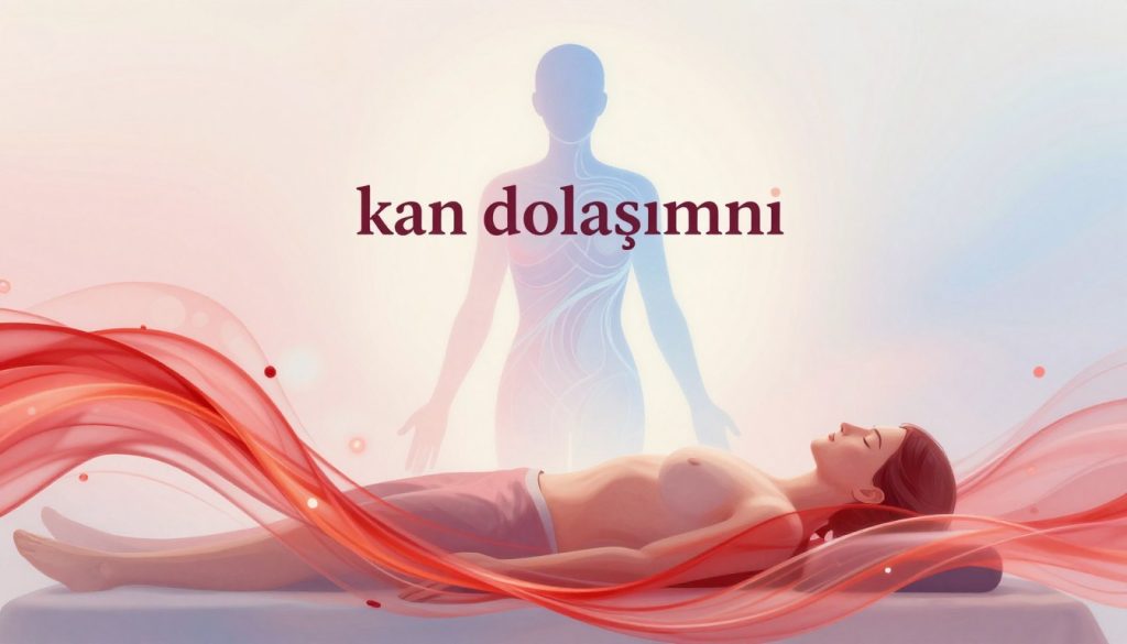 A tranquil and serene illustration of "kan dolaşımını" (blood circulation) depicted through an abstract representation of flowing red and blue hues, symbolizing the movement of blood through the body. In the foreground, swirling patterns of energy and light represent the flowing blood, integrating subtle gradients that evoke warmth and vitality. The middle ground features an ethereal human silhouette, composed of gentle flowing lines, illustrating the connection between mind and body in a state of relaxation. The background is a soft blend of pastel colors, creating a calming atmosphere that enhances the mood of wellness. Soft, diffused lighting casts gentle shadows to add depth and dimension. The overall vibe of the image is peaceful and harmonious, inviting the viewer to reflect on the transformative effects of massage on both body and mind.