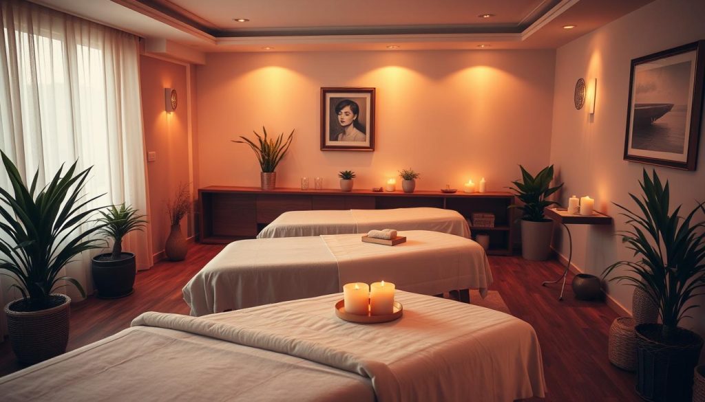 A tranquil and serene massage studio nestled in the heart of Istanbul, bathed in warm, soft lighting. Plush, inviting massage tables are arranged in a harmonious layout, with thoughtfully placed potted plants and soothing artwork adorning the walls. The space exudes an aura of personalized care and attention, a sanctuary where each client's unique needs and preferences are meticulously catered to. Delicate, aromatic candles flicker, setting the mood for a truly customized, rejuvenating massage experience.