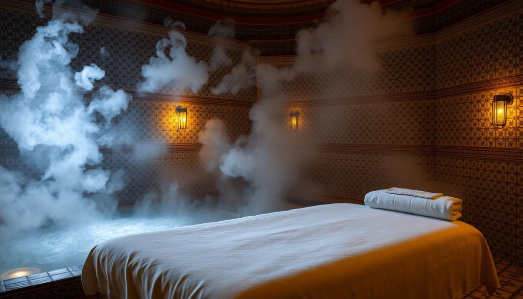 A tranquil, dimly-lit interior with ornate, intricate tilework adorning the walls and floors. Plumes of steam rise from a gently bubbling, tiled pool, creating a hazy, soothing atmosphere. Soft, ambient lighting casts a warm, relaxing glow, accentuating the rich textures and colors of the traditional Turkish bath setting. In the foreground, a luxurious, padded massage table stands ready, inviting the viewer to indulge in a restorative spa experience. The overall scene evokes a sense of calm, rejuvenation, and indulgence, perfectly capturing the essence of an "ataköy masaj güzellik merkezi" experience. A tranquil, dimly-lit interior with ornate, intricate tilework adorning the walls and floors. Plumes of steam rise from a gently bubbling, tiled pool, creating a hazy, soothing atmosphere. Soft, ambient lighting casts a warm, relaxing glow, accentuating the rich textures and colors of the traditional Turkish bath setting. In the foreground, a luxurious, padded massage table stands ready, inviting the viewer to indulge in a restorative spa experience. The overall scene evokes a sense of calm, rejuvenation, and indulgence, perfectly capturing the essence of an "ataköy masaj güzellik merkezi" experience.