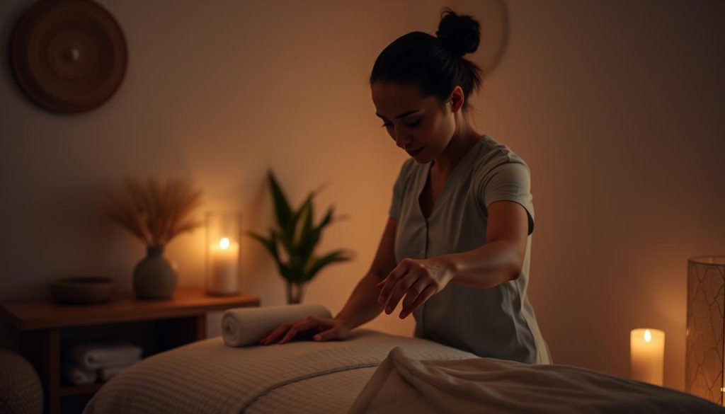 A tranquil, dimly lit massage parlor setting, with soft lighting accentuating the therapist's hands as they glide over the client's back. The room's decor is minimal and soothing, with natural textures and muted colors creating a serene ambiance. The therapist's focused gaze and gentle touch convey a sense of personalized attention, in contrast to the more generic experience of a classical massage. The client's relaxed expression reflects the unique benefits of this boutique approach, highlighting the subtle differences between traditional and specialized massage techniques.