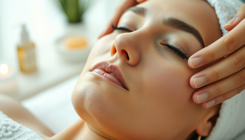 A tranquil facial massage scene in a serene spa-like setting. The focus is on a woman's face, with close-up details of her skin being gently kneaded by skilled hands. Soft, diffused lighting creates a warm, glowing effect, emphasizing the natural, healthy radiance of her complexion. The background is blurred, evoking a sense of relaxation and rejuvenation. The overall mood is one of calm, nourishing self-care, highlighting the inherent beauty and youthfulness of the skin through this natural anti-aging method.