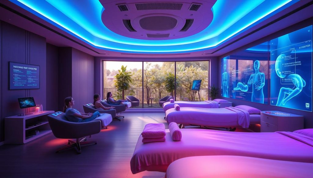 A tranquil, futuristic massage studio with sleek, minimalist decor. High-tech massage tables equipped with advanced sensors and automated massage mechanisms. Soothing blue and violet lighting casts a calming ambiance. Holographic interfaces display customizable massage programs. Clients recline in comfortable chairs, basking in the warmth of infrared heating and the gentle vibrations of the massage tables. Subtle scents of essential oils waft through the air, enhancing the relaxing atmosphere. A panoramic window offers a serene view of a lush, urban garden, blending nature and technology seamlessly. A tranquil, futuristic massage studio with sleek, minimalist decor. High-tech massage tables equipped with advanced sensors and automated massage mechanisms. Soothing blue and violet lighting casts a calming ambiance. Holographic interfaces display customizable massage programs. Clients recline in comfortable chairs, basking in the warmth of infrared heating and the gentle vibrations of the massage tables. Subtle scents of essential oils waft through the air, enhancing the relaxing atmosphere. A panoramic window offers a serene view of a lush, urban garden, blending nature and technology seamlessly.