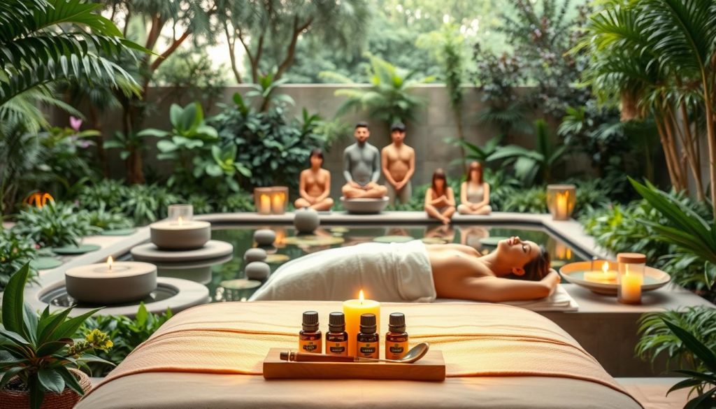 A tranquil garden setting with lush greenery, soothing water features, and calming natural lighting. In the foreground, a serene massage table is illuminated, showcasing the therapeutic benefits of massage through the arrangement of essential oils, massage tools, and a serene ambiance. The middle ground features a balanced composition of human figures in various states of relaxation, their expressions conveying a sense of physical and mental rejuvenation. The background features a harmonious blend of soft, muted tones, creating a peaceful, contemplative atmosphere that enhances the restorative power of massage.