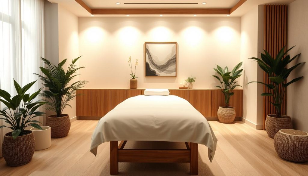 A tranquil indoor scene of a serene personal massage experience. Soft, diffused lighting illuminates a minimalist treatment room with natural wood accents and neutral tones. A plush massage table with crisp white linens is the focal point, set against a backdrop of simple, calming decor. Lush potted plants and a single piece of abstract wall art add a touch of organic elegance. The overall atmosphere evokes a sense of relaxation, harmony, and rejuvenation for the mind and body. A tranquil indoor scene of a serene personal massage experience. Soft, diffused lighting illuminates a minimalist treatment room with natural wood accents and neutral tones. A plush massage table with crisp white linens is the focal point, set against a backdrop of simple, calming decor. Lush potted plants and a single piece of abstract wall art add a touch of organic elegance. The overall atmosphere evokes a sense of relaxation, harmony, and rejuvenation for the mind and body.