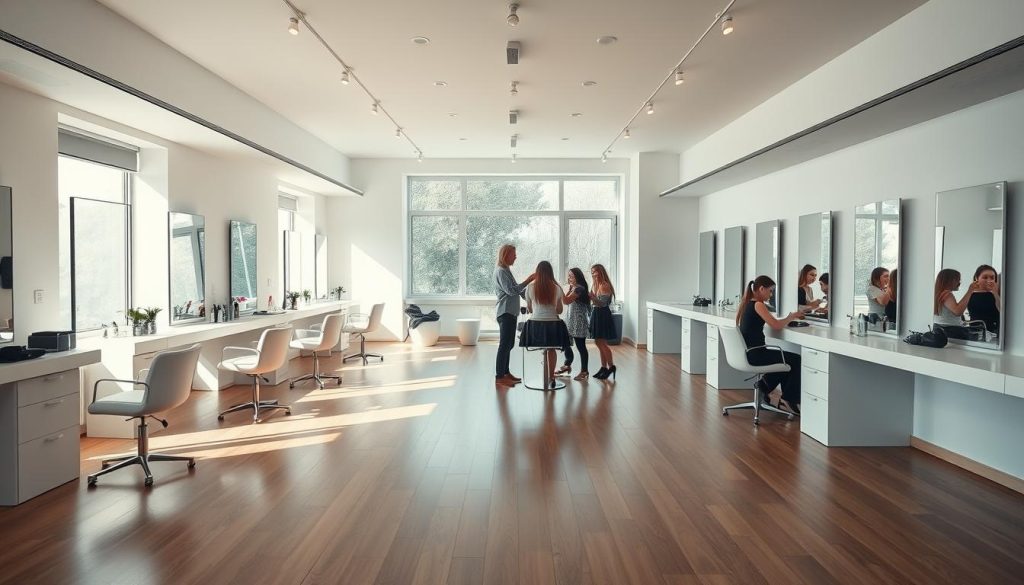 A tranquil interior of a modern beauty academy in Istanbul, Turkey. The scene features a spacious, well-lit classroom with polished hardwood floors and minimalist white walls. Sleek styling stations line the perimeter, each equipped with mirrors and professional-grade equipment. Soft natural light filters in through large windows, creating a calming ambiance. In the center, a group of students practice their hairstyling and makeup techniques on one another, guided by an attentive instructor. The atmosphere exudes a sense of focus, creativity, and a commitment to excellence in the beauty and wellness industry.