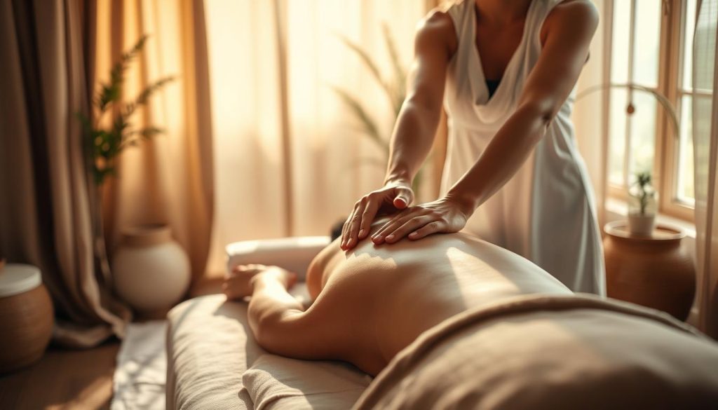 A tranquil massage studio, filled with soothing natural light. Soft, draped fabrics in earthy tones create a serene ambiance. In the foreground, a massage therapist's hands gently knead into the back of a relaxed client, their connection radiating a sense of harmony between mind and body. In the background, subtle botanical elements suggest the restorative power of nature. The scene is bathed in a warm, diffused lighting, evoking a holistic, meditative atmosphere that captures the essence of the mind-body connection. A tranquil massage studio, filled with soothing natural light. Soft, draped fabrics in earthy tones create a serene ambiance. In the foreground, a massage therapist's hands gently knead into the back of a relaxed client, their connection radiating a sense of harmony between mind and body. In the background, subtle botanical elements suggest the restorative power of nature. The scene is bathed in a warm, diffused lighting, evoking a holistic, meditative atmosphere that captures the essence of the mind-body connection.