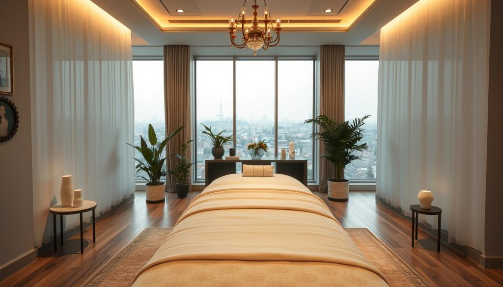 A tranquil massage studio in Istanbul, with soft lighting and calming colors. In the foreground, a well-appointed massage table and plush linens set the stage for a rejuvenating experience. In the middle ground, elegant decor and plants create a serene ambiance, while the background features a muted cityscape visible through large windows, hinting at the bustling energy of the city beyond. The overall mood is one of relaxation and professionalism, inviting visitors to unwind and indulge in the skilled hands of the experienced masseuses. A tranquil massage studio in Istanbul, with soft lighting and calming colors. In the foreground, a well-appointed massage table and plush linens set the stage for a rejuvenating experience. In the middle ground, elegant decor and plants create a serene ambiance, while the background features a muted cityscape visible through large windows, hinting at the bustling energy of the city beyond. The overall mood is one of relaxation and professionalism, inviting visitors to unwind and indulge in the skilled hands of the experienced masseuses.