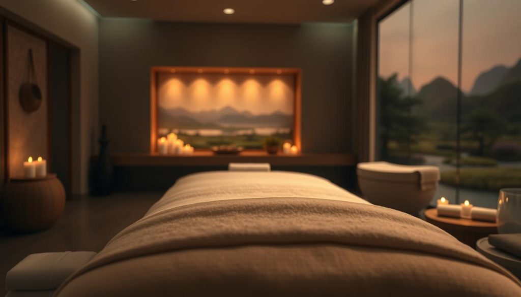 A tranquil massage therapy scene set in a serene spa-like environment. The foreground features a massage table draped in soft, plush linens, with neatly folded towels and a selection of essential oils nearby. The middle ground showcases a calming, dimly lit room with soothing ambient lighting, perhaps candles or a subtle overhead fixture. The background depicts a zen-inspired landscape, such as a serene garden or a peaceful nature scene, creating a harmonious and rejuvenating atmosphere. The overall mood is one of relaxation, renewal, and a sense of well-being.