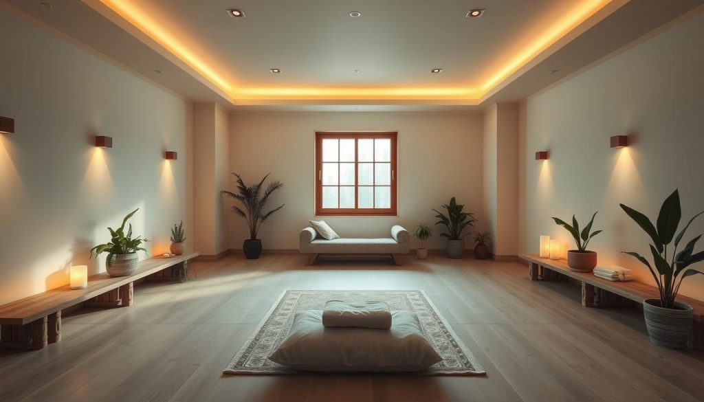 A tranquil meditation studio with soft lighting, calming colors, and natural elements. The space is designed with clean lines, natural wood and stone surfaces, and potted plants that create a serene atmosphere. Warm, diffused lighting from overhead fixtures casts a gentle glow, while a large window allows natural daylight to filter in, creating a harmonious balance. The room's layout is minimalist, with a comfortable chaise or daybed situated in the center, inviting visitors to relax and unwind. The overall feeling is one of quiet contemplation, where the senses are soothed and the mind can find its balance. A tranquil meditation studio with soft lighting, calming colors, and natural elements. The space is designed with clean lines, natural wood and stone surfaces, and potted plants that create a serene atmosphere. Warm, diffused lighting from overhead fixtures casts a gentle glow, while a large window allows natural daylight to filter in, creating a harmonious balance. The room's layout is minimalist, with a comfortable chaise or daybed situated in the center, inviting visitors to relax and unwind. The overall feeling is one of quiet contemplation, where the senses are soothed and the mind can find its balance.