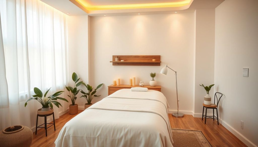 A tranquil, minimalist massage studio with warm lighting, clean white walls, and a cozy yet professional atmosphere. A single massage table occupies the center, adorned with high-quality linens. Soft textures, soothing plants, and carefully placed aromatherapy elements create an inviting, spa-like ambiance. The camera angle captures the scene from a slightly elevated perspective, conveying a sense of calm and relaxation. The overall impression is one of trust, care, and attention to detail - key criteria for a professional and personalized massage experience. A tranquil, minimalist massage studio with warm lighting, clean white walls, and a cozy yet professional atmosphere. A single massage table occupies the center, adorned with high-quality linens. Soft textures, soothing plants, and carefully placed aromatherapy elements create an inviting, spa-like ambiance. The camera angle captures the scene from a slightly elevated perspective, conveying a sense of calm and relaxation. The overall impression is one of trust, care, and attention to detail - key criteria for a professional and personalized massage experience.