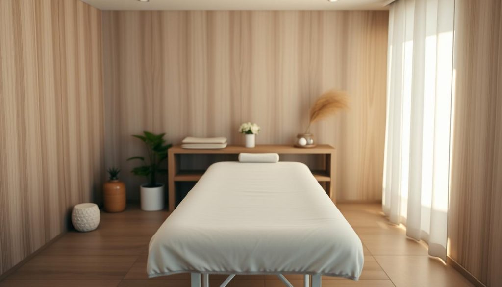 A tranquil, minimalist setting with a cozy, modern mobile massage station. The foreground features a sleek, portable massage table dressed in soft, neutral linens. Surrounding it, a clutter-free environment with calming, earthy tones and natural textures - perhaps a wood-paneled wall or elegant tile flooring. Soft, diffused lighting creates a serene, relaxing ambiance, while a few well-placed plants or flowers add a touch of natural vibrancy. The overall scene conveys a sense of comfort, efficiency, and an oasis of rejuvenation for the busy working woman.
