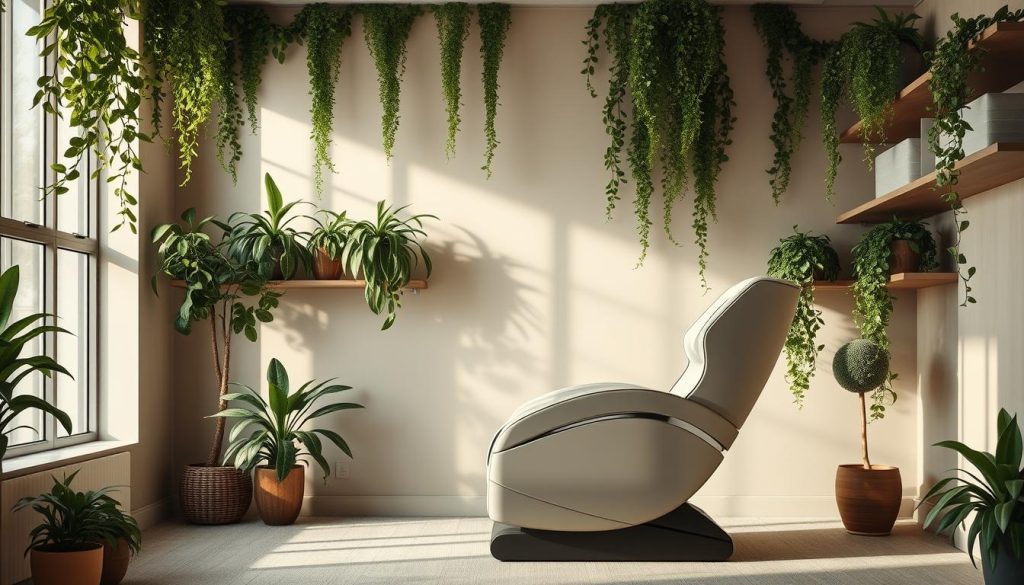 A tranquil office setting, bathed in soft, diffused lighting. An ergonomic massage chair takes center stage, inviting weary employees to indulge in a soothing, therapeutic experience. Lush, verdant plants cascade from shelves, creating a calming, natural ambiance. Subtle, muted tones of beige and olive green permeate the scene, evoking a sense of serenity and relaxation. The massage chair's sleek, modern design blends seamlessly with the minimalist, yet refined decor, suggesting a harmonious fusion of function and aesthetics. The overall composition exudes a serene, restorative atmosphere, perfectly capturing the essence of "Masözlerden Ofis Çalışanlarına Özel Masaj Teknikleri".