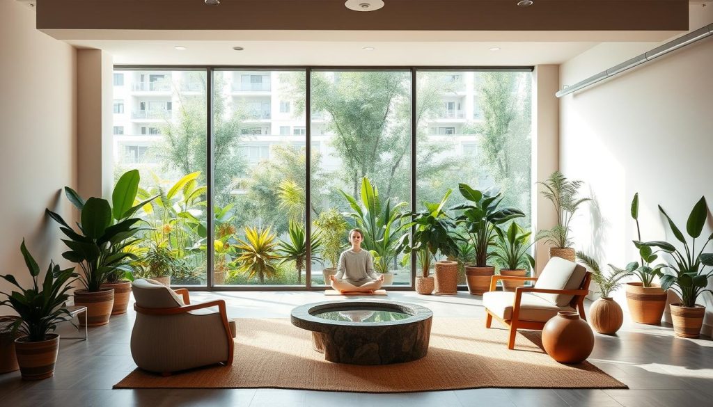 A tranquil office space with natural elements seamlessly integrated, promoting a sense of wellness and mindfulness. Soft, diffused lighting casts a warm glow, complementing the minimalist, yet inviting decor. A large, floor-to-ceiling window frames a lush, urban garden, blurring the boundaries between indoors and out. Ergonomic furniture and a designated meditation area create an environment conducive to physical and mental well-being. Potted plants, a water feature, and earthy tones evoke a serene, rejuvenating ambiance, inspiring employees to embrace holistic practices and balance their work-life integration.