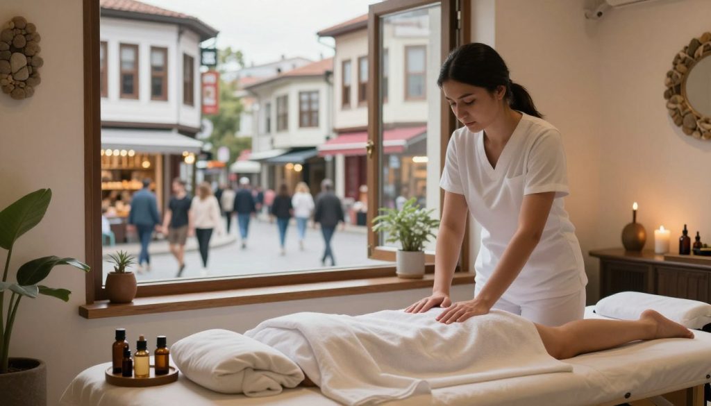 A tranquil scene capturing the essence of massage therapy within the bustling environment of Beşiktaş. In the foreground, depict a serene massage therapy room featuring soft lighting, calming colors, and natural elements like stone and wood. Place components like essential oils and a massage table, emphasizing relaxation. In the middle, showcase a slightly blurred view of Beşiktaş's vibrant streets through an open window, with people engaged in daily activities, hinting at the area's lively atmosphere. In the background, include outlines of traditional architecture and shops, symbolizing the blend of culture and modern life. The overall mood should reflect a calming oasis amidst the energetic urban life, highlighting the crucial role of massage therapy in finding balance and relaxation within the hustle and bustle of Beşiktaş.